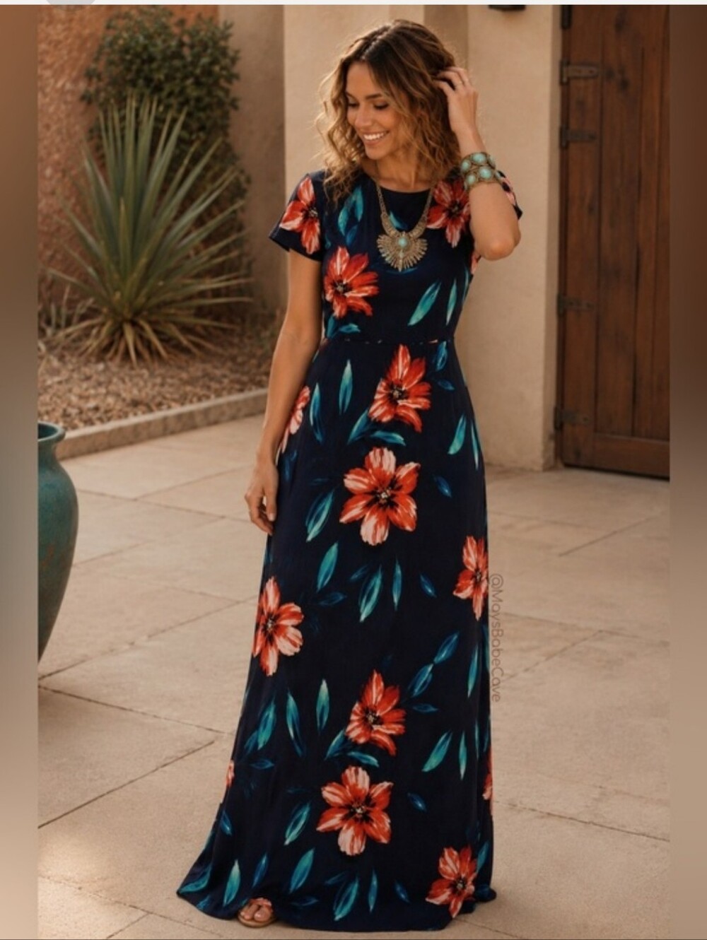 Forever 21 Navy Maxi Dress with Coral Floral Accents